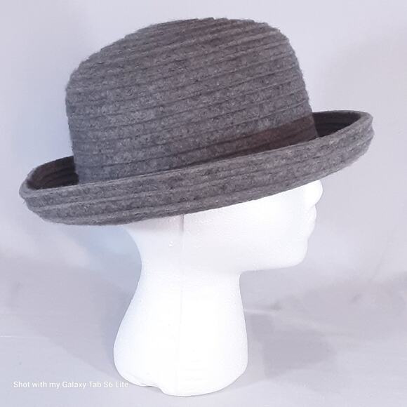 Womens Bowler Hat Ribbed Gray Wool Rolled Brim - Picture 4 of 7
